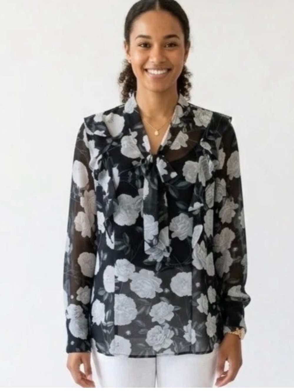Karl Lagerfeld Black Sheer Blouse with White Floral Tie-Neck